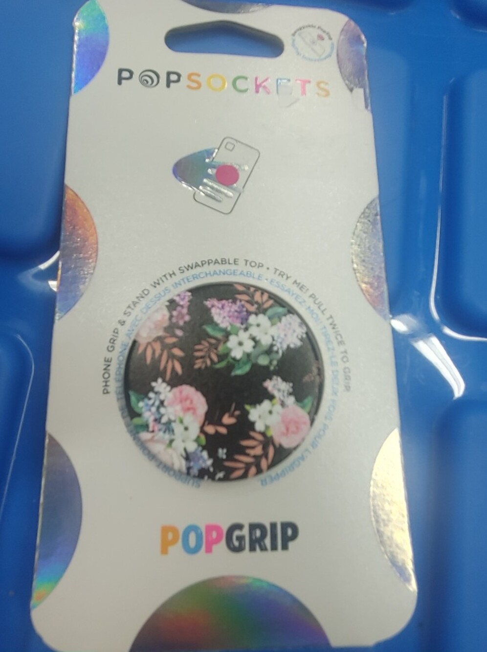PopSocket PopGrip Floral Black Background with Pink White Green Accents